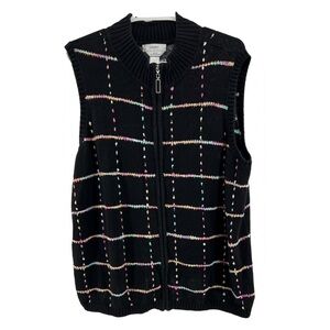 CJ Banks hand embroidered zip up cardigan sweater vest black pastel 2X ramie